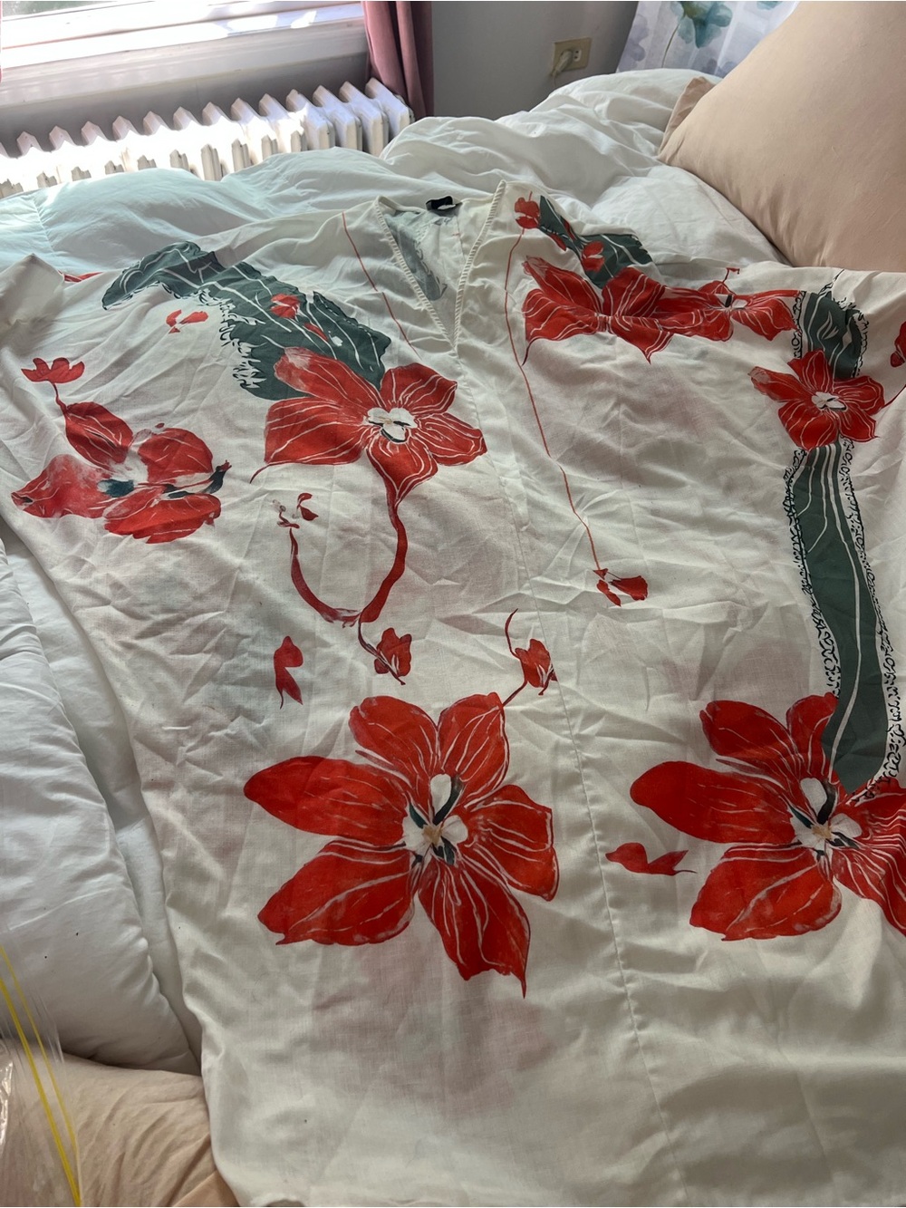 1x White Floral Midi Dress with Bold Red Blooms Moomoo